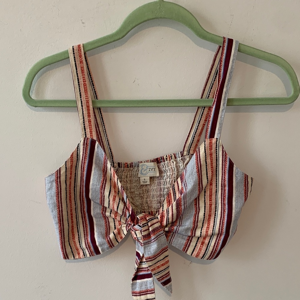 Ivy Striped Tie-Front Crop Top linen blend small